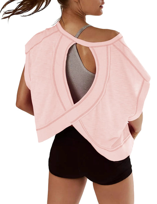 Women's Batwing Gym Tee with Open Back - Pink