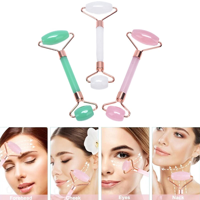 Beauty Jade Facial Roller – Pink Gua-sha Stone, rolling on face