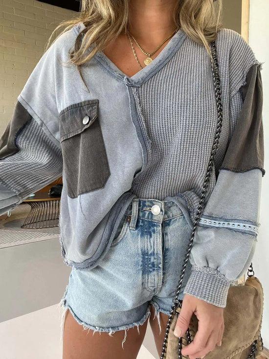 Casual Color Matching Sweater for Women in Denim Style