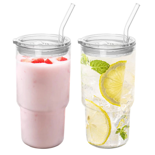 Dingerjar Glass Tumbler with Lid and Straw High Borosilicate Glass Coffee Cup Smoothie Cups 24 oz/750ml for Hot or Cold Drinks 2 Pack