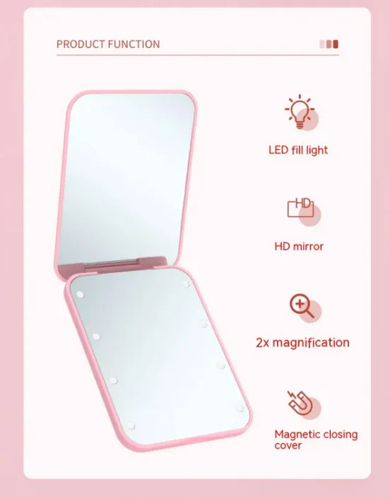 GlowFold LED Makeup Mirror – Pink color with LED lights on