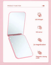 GlowFold LED Makeup Mirror – Pink color with LED lights on