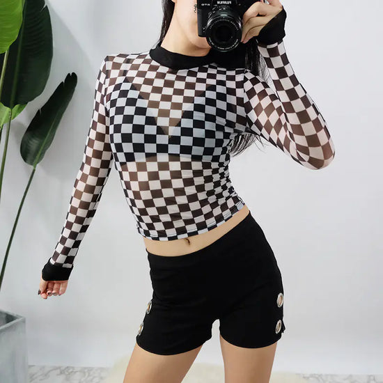 Checkered Mesh Long Sleeve Top